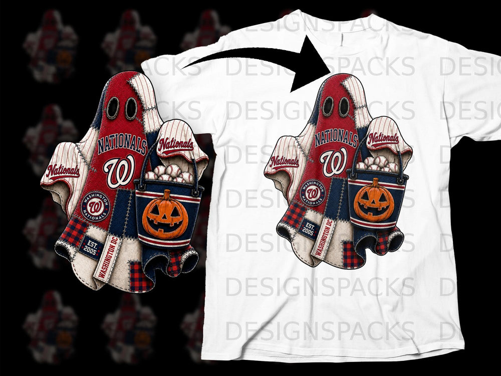 Ghost graphic with Washington Nationals logo, baseballs, and pumpkin on a white t-shirt mockup.