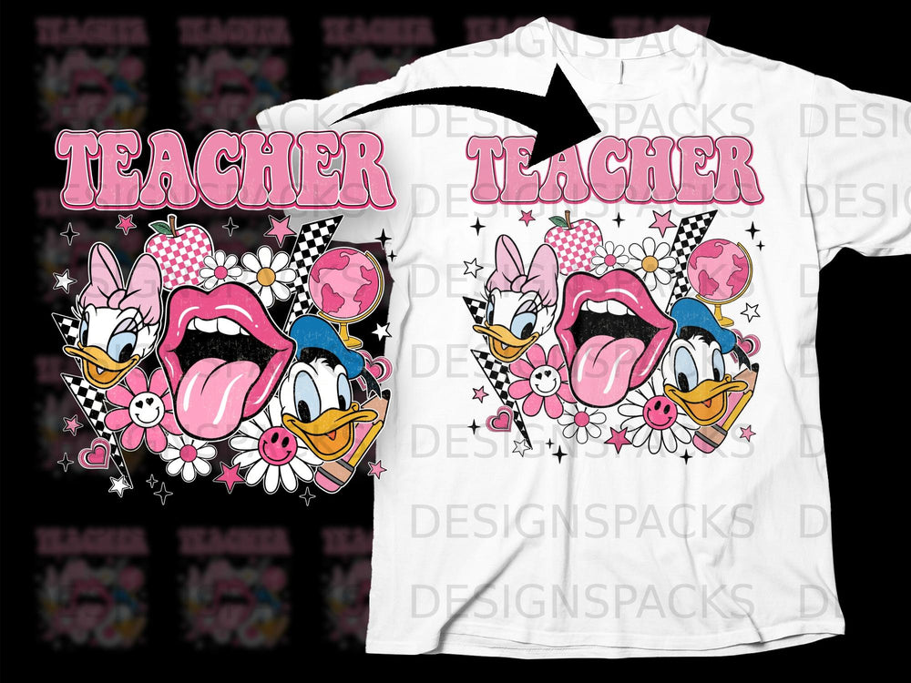 Pink "TEACHER" text with Donald Duck characters and school-themed graphics.