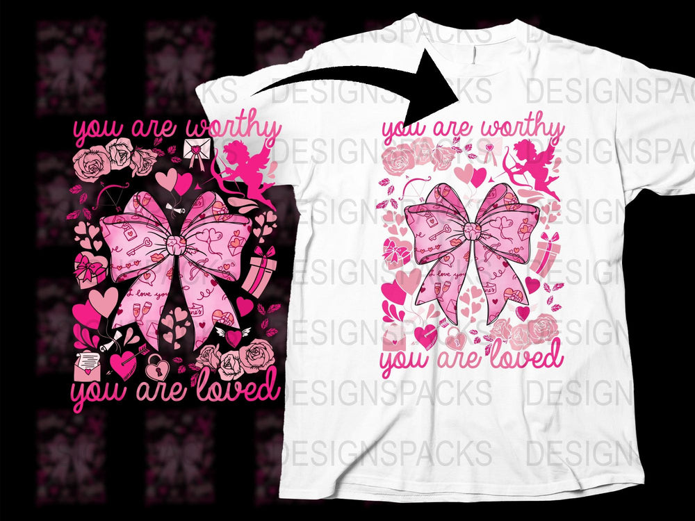 Inspirational Quote T-Shirt, 'You Are Worthy, You Are Loved' Pink Butterfly Graphic Tee for Women