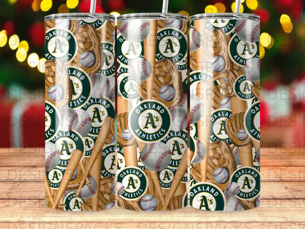 Oakland A's baseball pattern tumbler with bats, gloves, and balls.