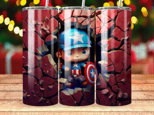 Cartoon superhero boy with shield and hat breaks through cracked wall.