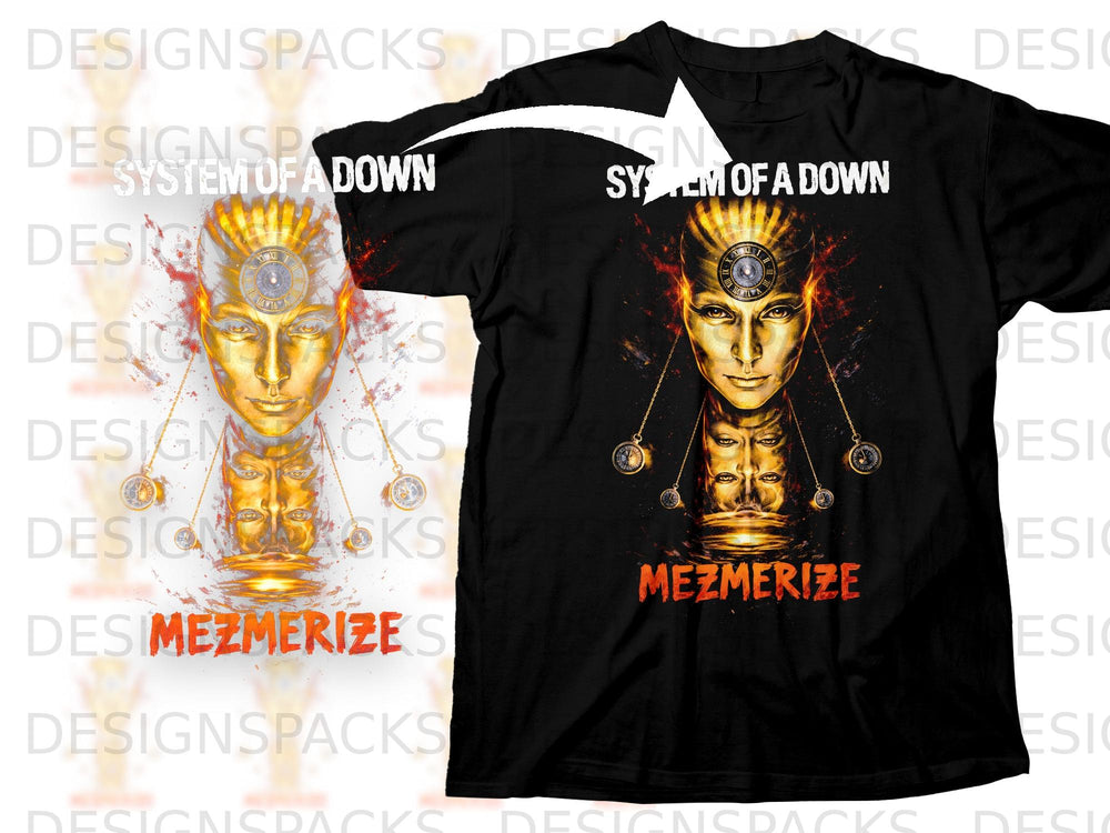 Black t-shirt with a golden face, clocks, and "System of a Down Mezmerize" text.