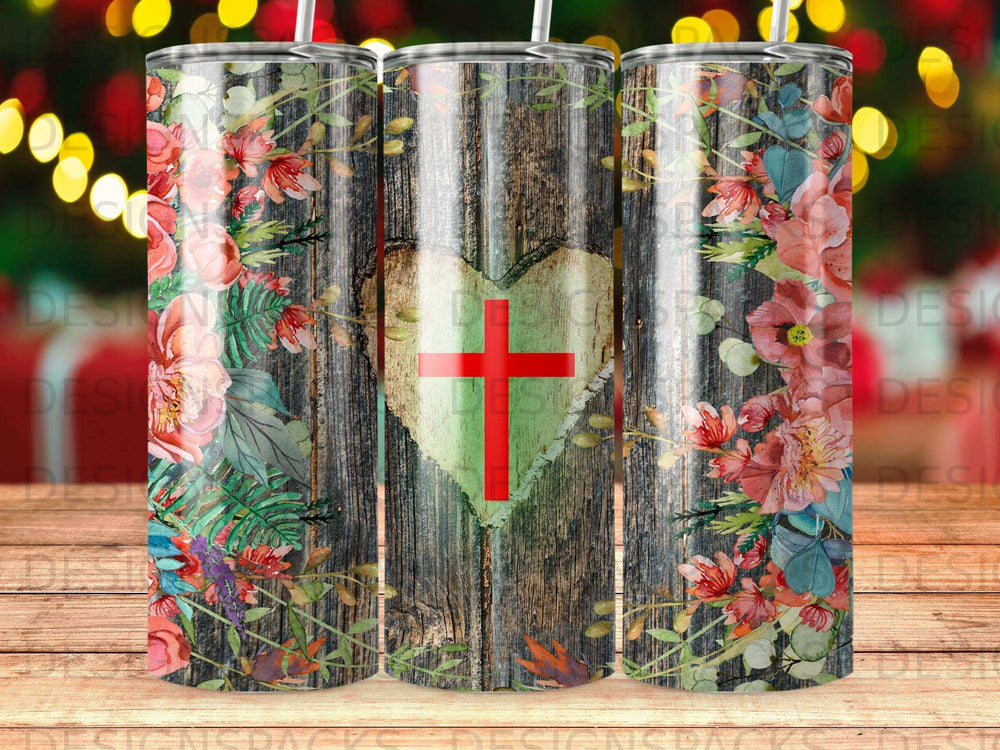Wooden background with floral accents and a red cross within a heart.