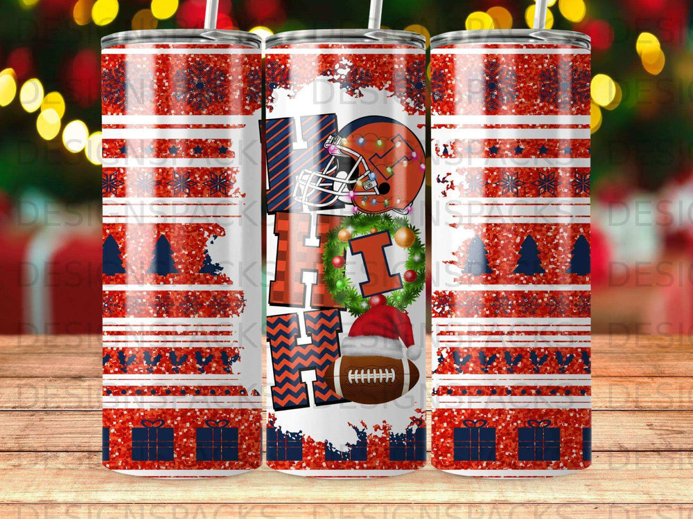Holiday-themed tumbler with "HO HO HO" and football, festive red, white, and blue design.
