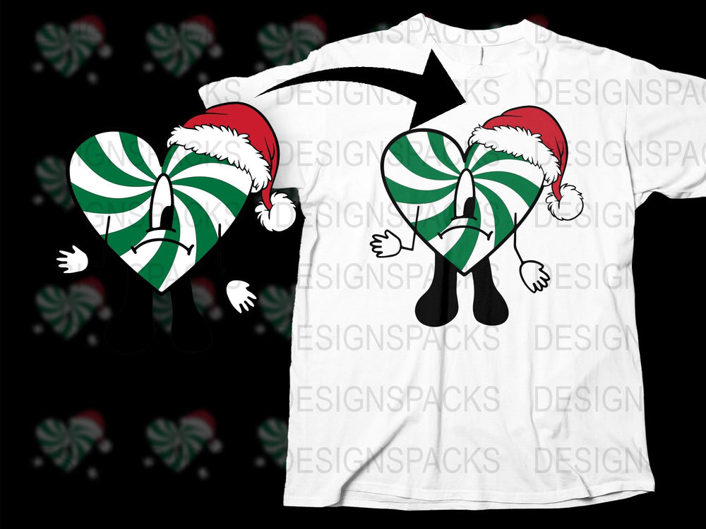 Christmas T-Shirt with Santa Hat Heart Graphics, Festive Holiday Apparel, Unisex White Tee, Casual Winter Clothing