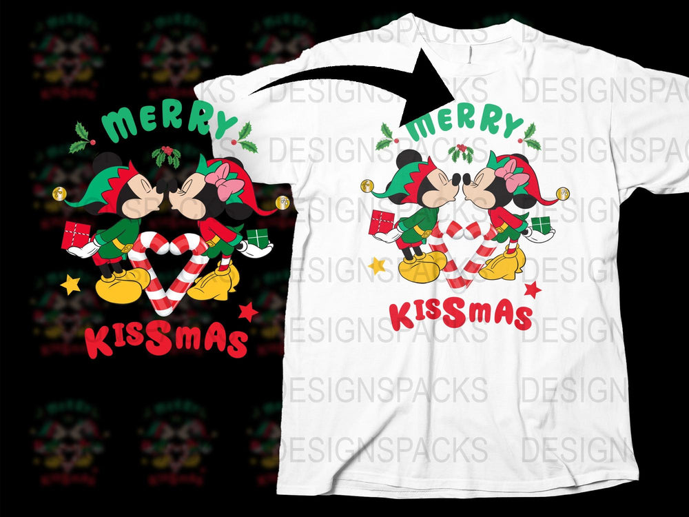 Merry Kissmas T-Shirt, Cute Holiday Mickey Minnie Mouse Design, Festive Christmas Tee for Family
