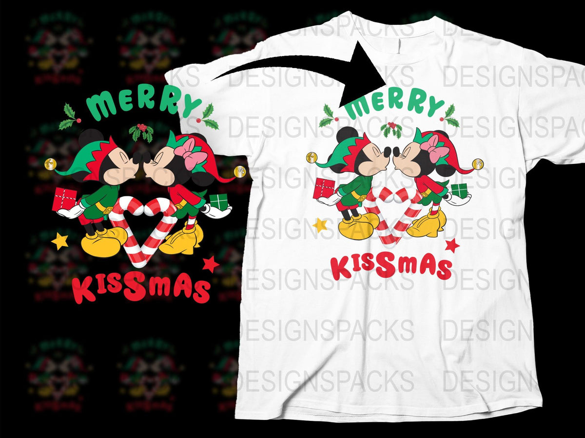 Merry Kissmas T-Shirt, Cute Holiday Mickey Minnie Mouse Design, Festive Christmas Tee for Family