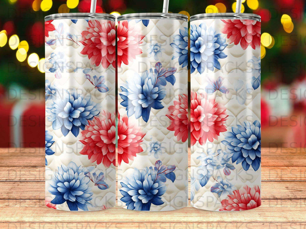 Red and blue floral pattern on a tumbler with bokeh lights background.