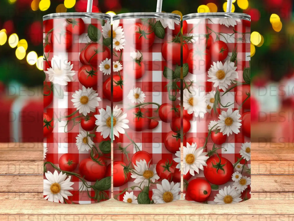 Red and white checkered pattern with tomatoes and white flowers.