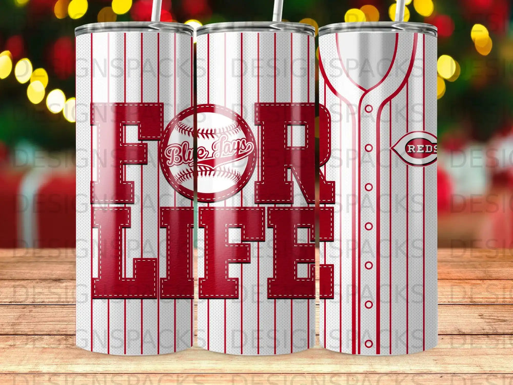 Cincinnati Reds "For Life" tumbler with baseball stitching and stadium background.