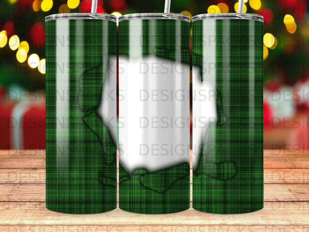 Green plaid tumbler with white ghost outline and faint text overlay.