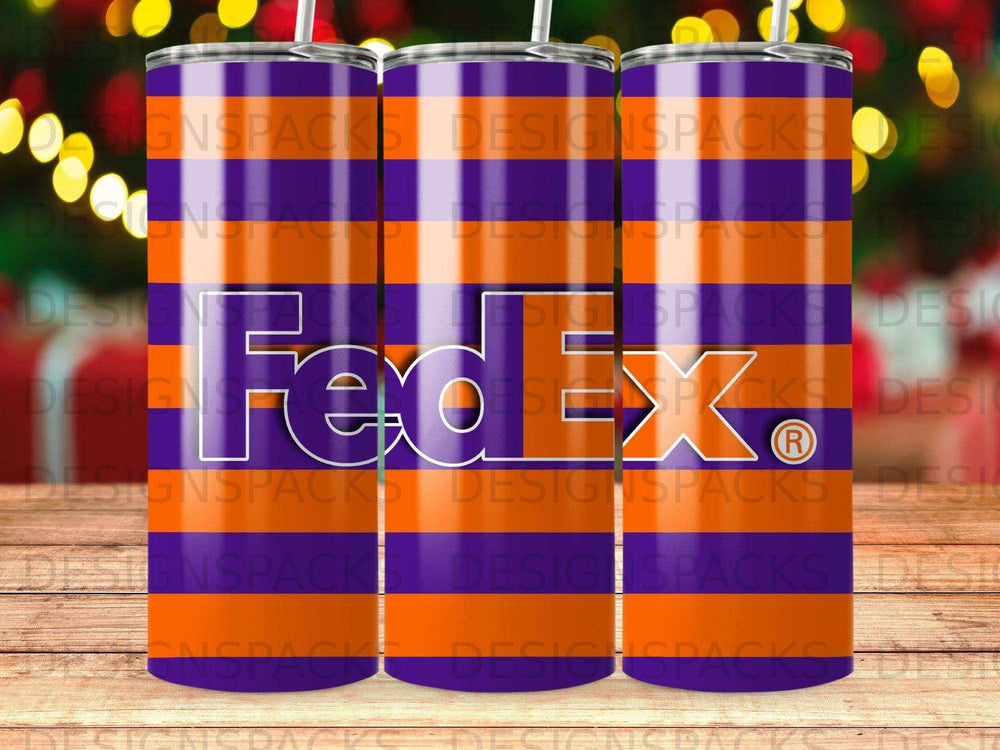 FedEx logo on a purple and orange striped tumbler with a reflective surface.