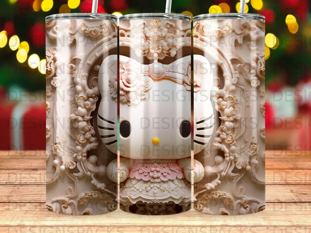 Hello Kitty in ornate frame with pink bow and dress on tumbler.