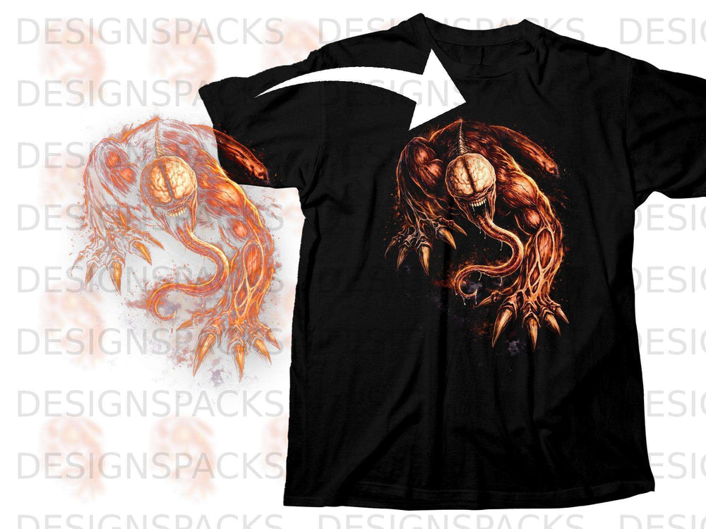 Black t-shirt with a fiery monster graphic featuring a brain and sharp claws.