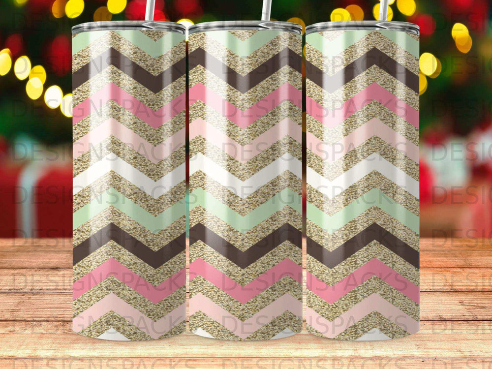 Chevron pattern tumbler with gold glitter and pastel colors.