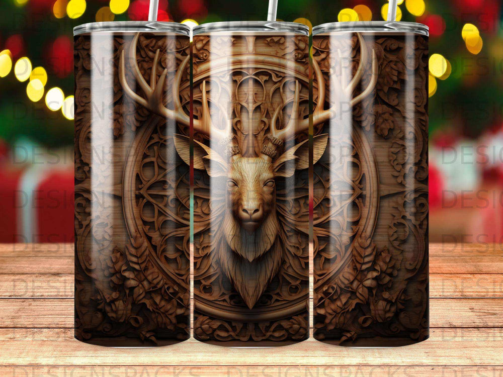Wood carving of a deer's head surrounded by ornate circular patterns.