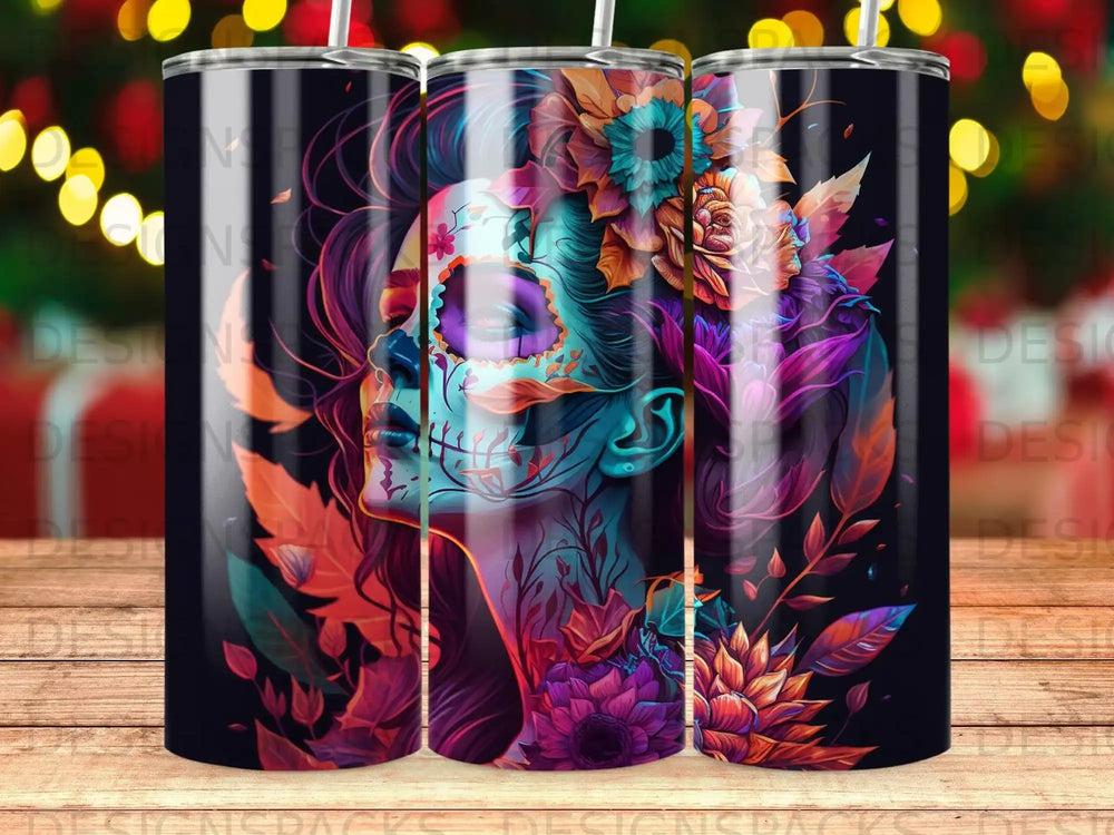 Sugar skull woman with flowers, vibrant colors, dark background.