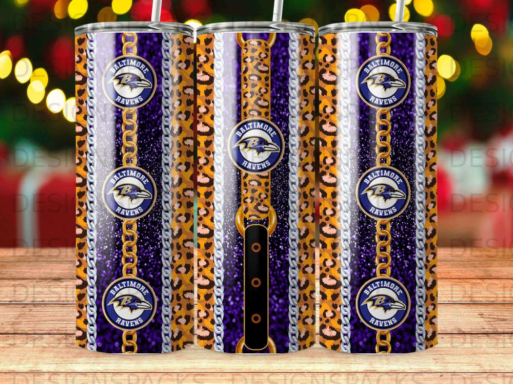 Three tumblers with Baltimore Ravens logo, purple, gold chain, and leopard print patterns.