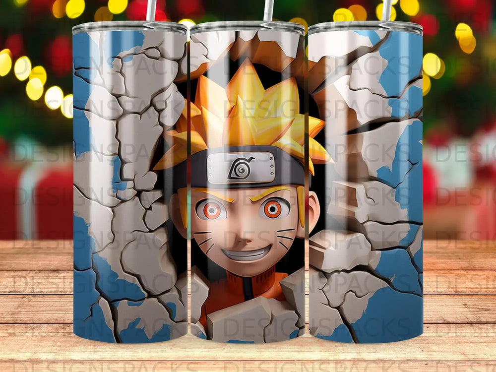 Naruto Uzumaki bursting through cracked orange and blue walls.