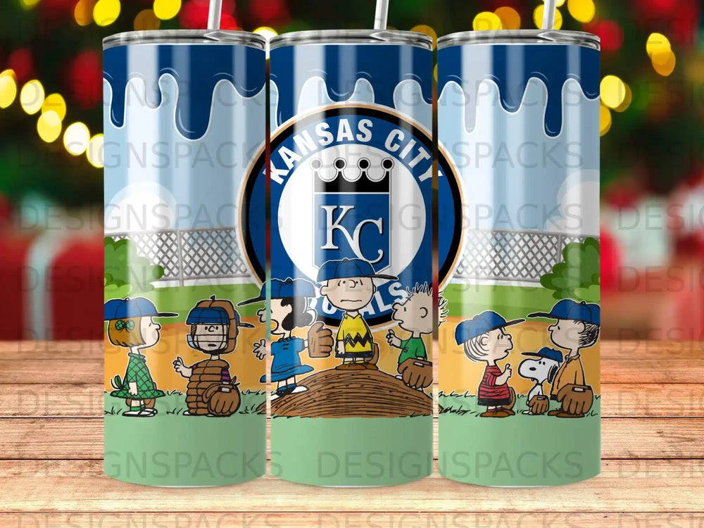 Kansas City Royals characters on a blue tumbler with a green base.