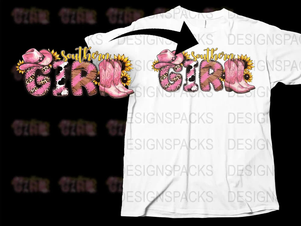 Southern Girl Pink Cowboy Boots Graphic T-Shirt, Glitter Text Fashion Tee for Women