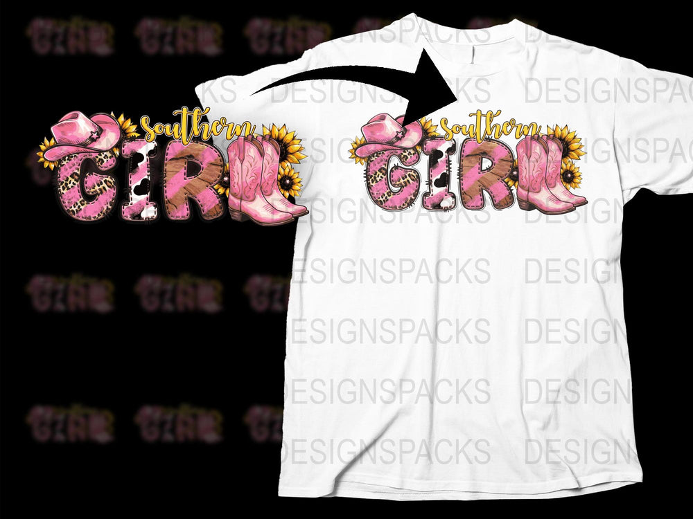 Southern Girl Pink Cowboy Boots Graphic T-Shirt, Glitter Text Fashion Tee for Women