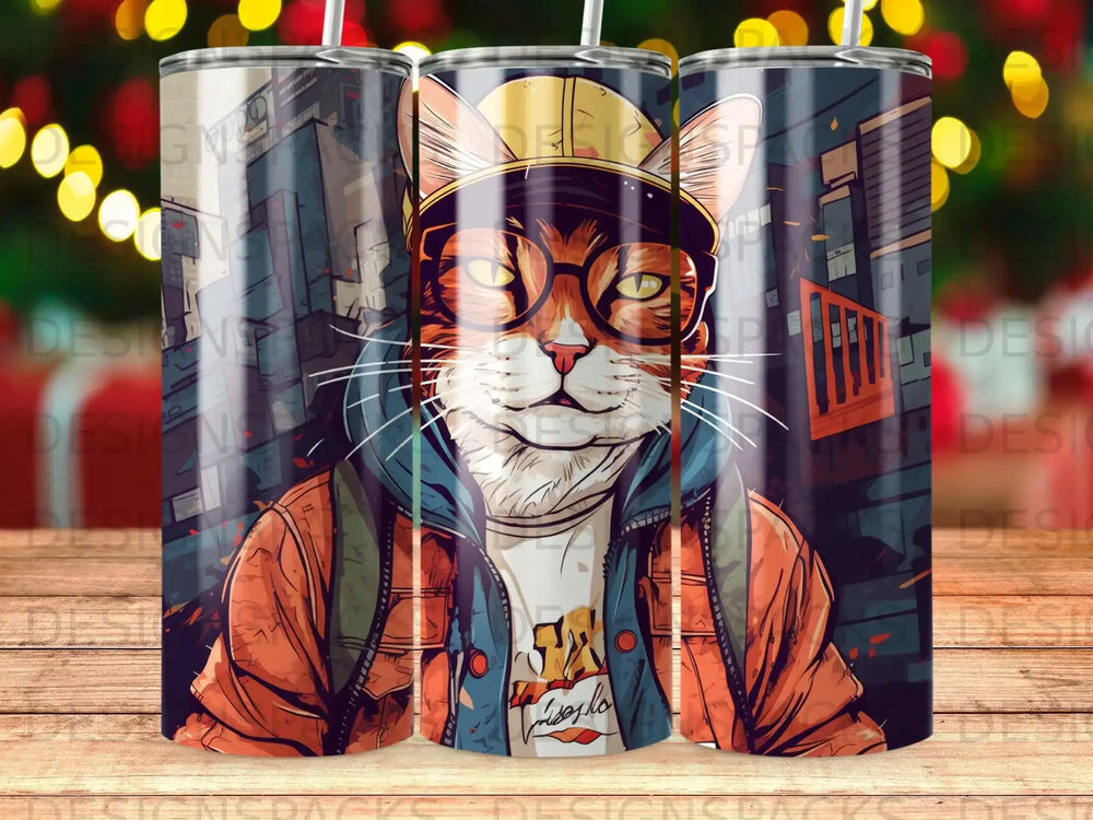 Anthropomorphic cat wearing glasses and a hard hat, illustrated on a tumbler.