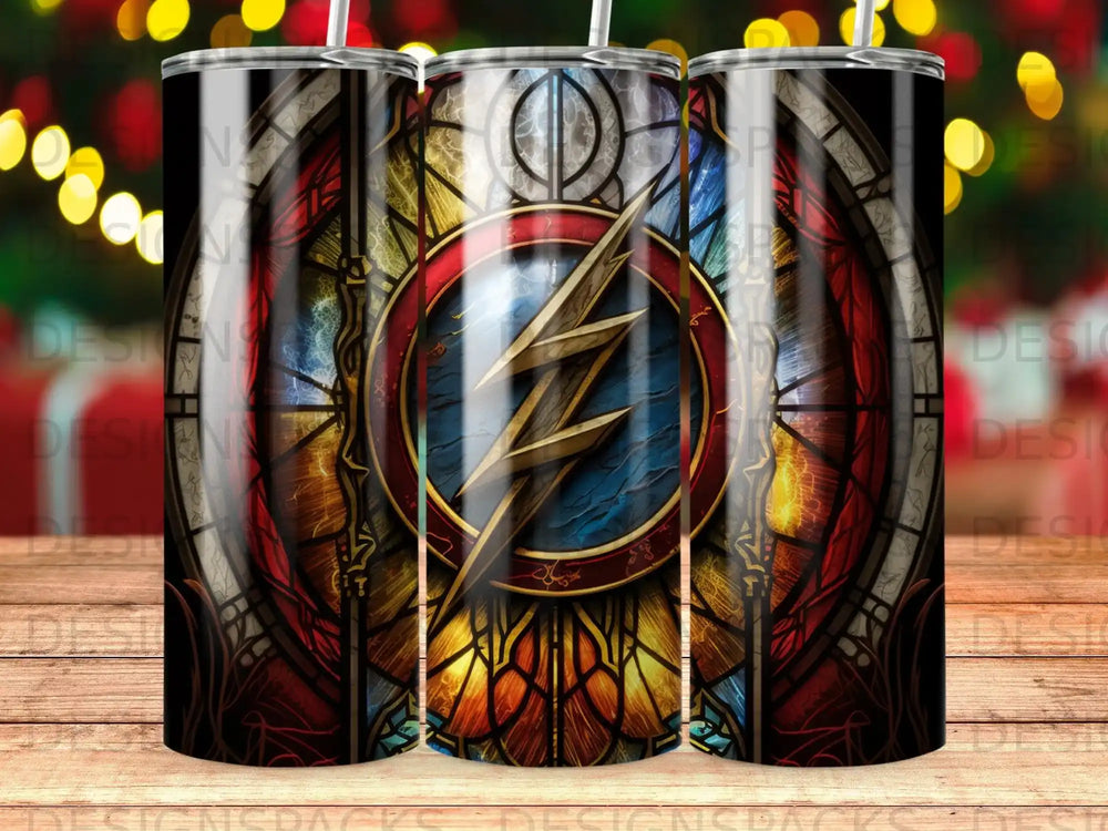 Stained glass tumbler with The Flash logo.