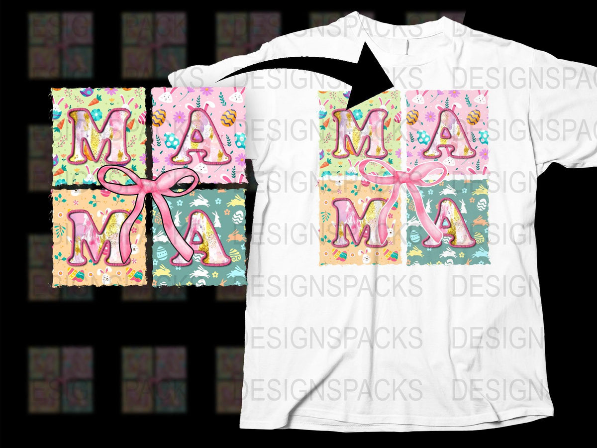 Colorful Mama T-Shirt with Floral Background, Cute Bow Detail, Perfect Gift for Moms