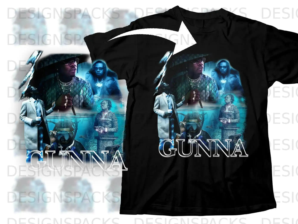 Black t-shirt with "GUNNA" text and collage of artist Gunna.