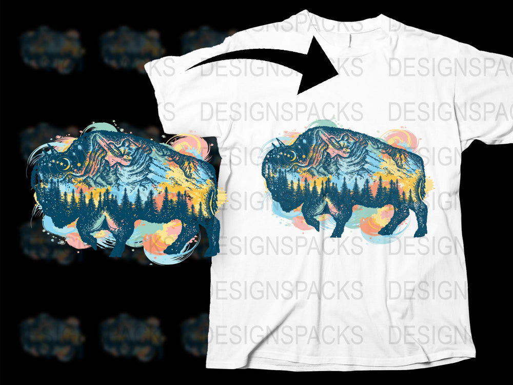 Bison Graphic T-Shirt with Mountain and Forest Design, Nature Inspired Artistic Tee, Unisex