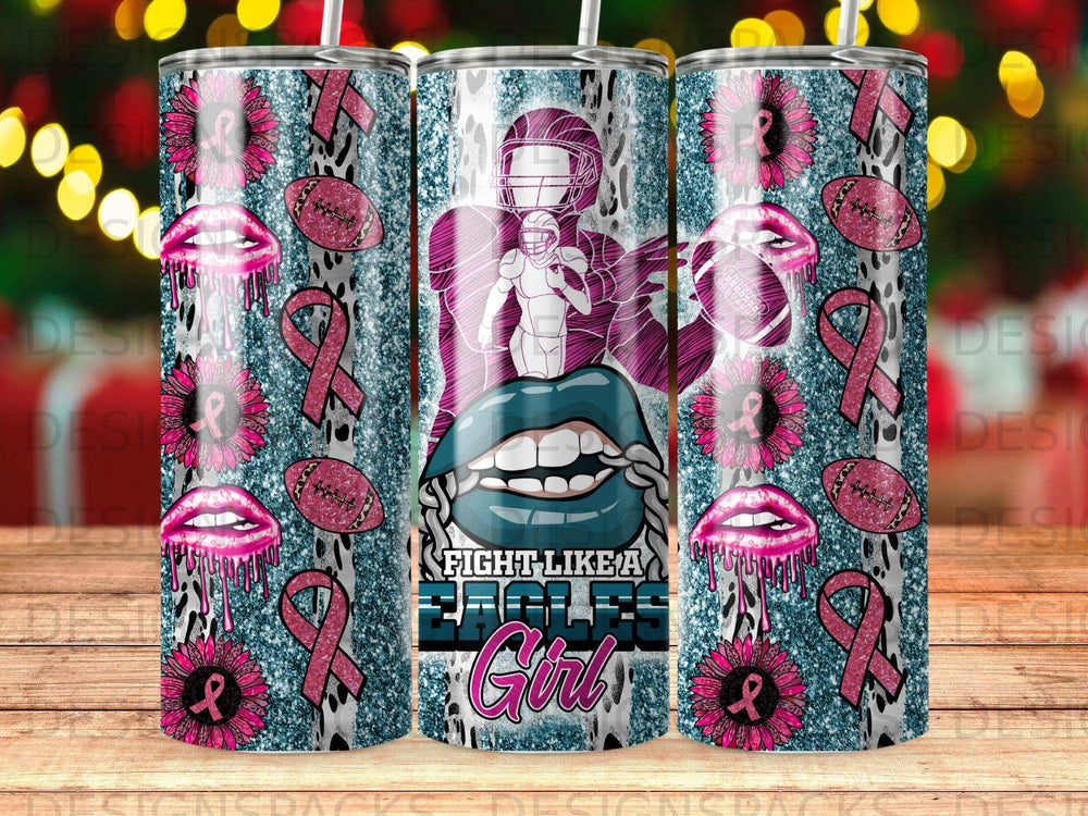 Glitter tumbler with football player, lips, and pink ribbons.