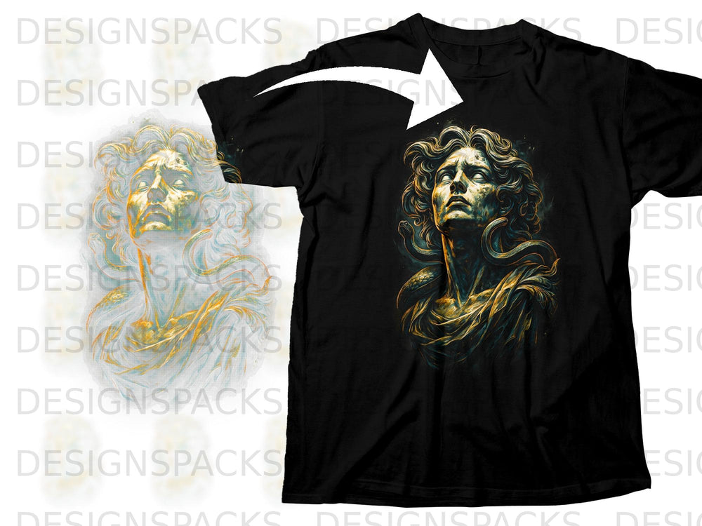 Black t-shirt with a gold and teal graphic of a classical figure with snakes.