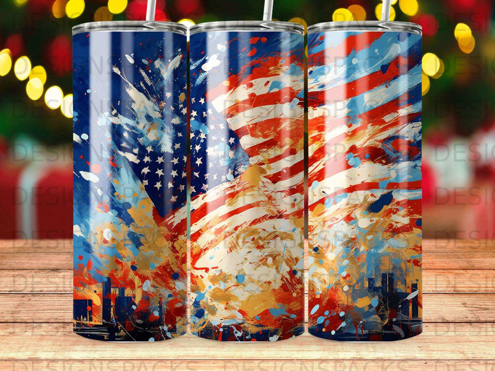 American flag with abstract blue, red, and white paint splatters.