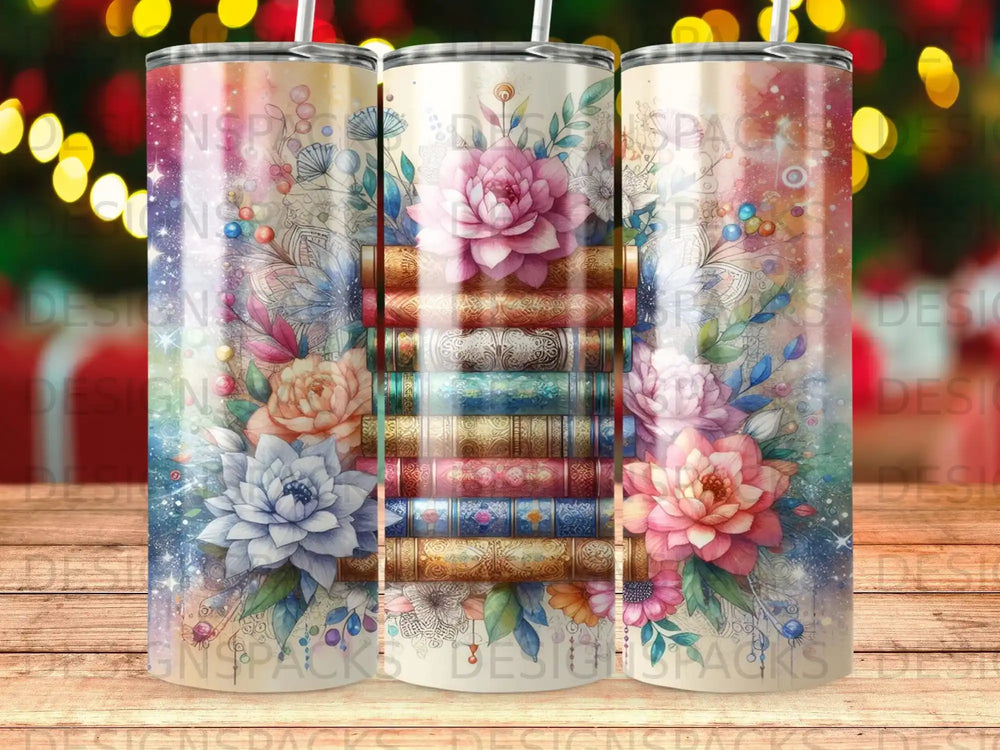 Tumbler with stack of books and floral design.