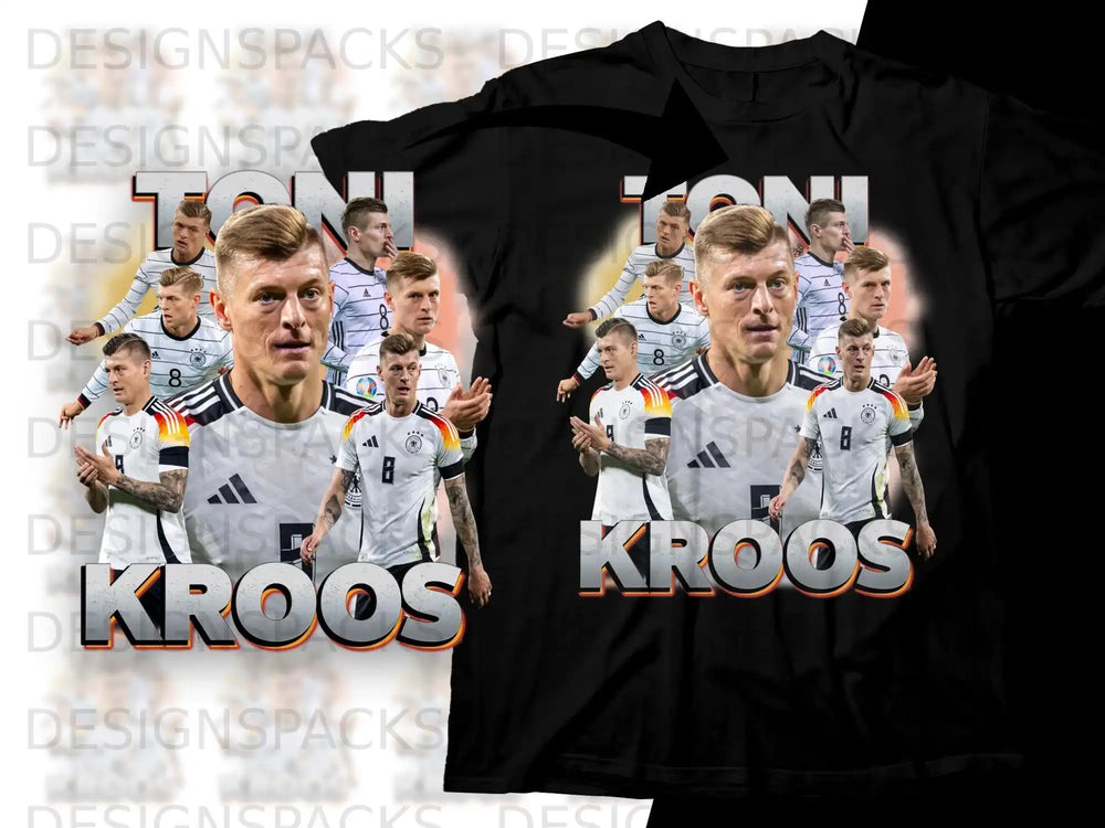 Toni Kroos t-shirt design with multiple player images and "Kroos" text.