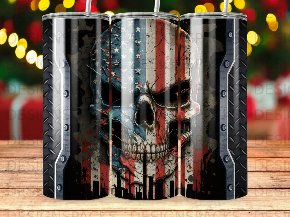 Skull with American flag motif and diamond plate accents.