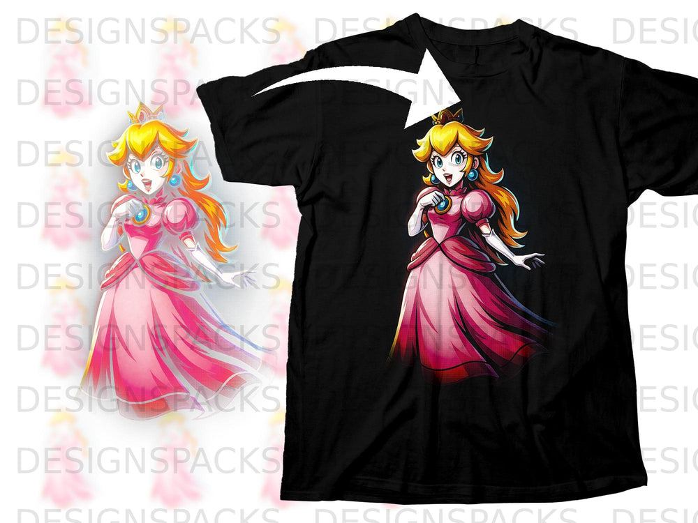 Black t-shirt with Princess Peach from Super Mario, pink dress, and crown.