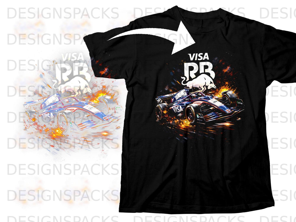 Black t-shirt with a racing car graphic featuring "VISA" and "RB" logos.