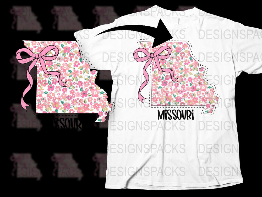 Missouri State Outline Floral Design T-Shirt with Pink Ribbon, Women’s Fashion Tee, Stylish Casual Top