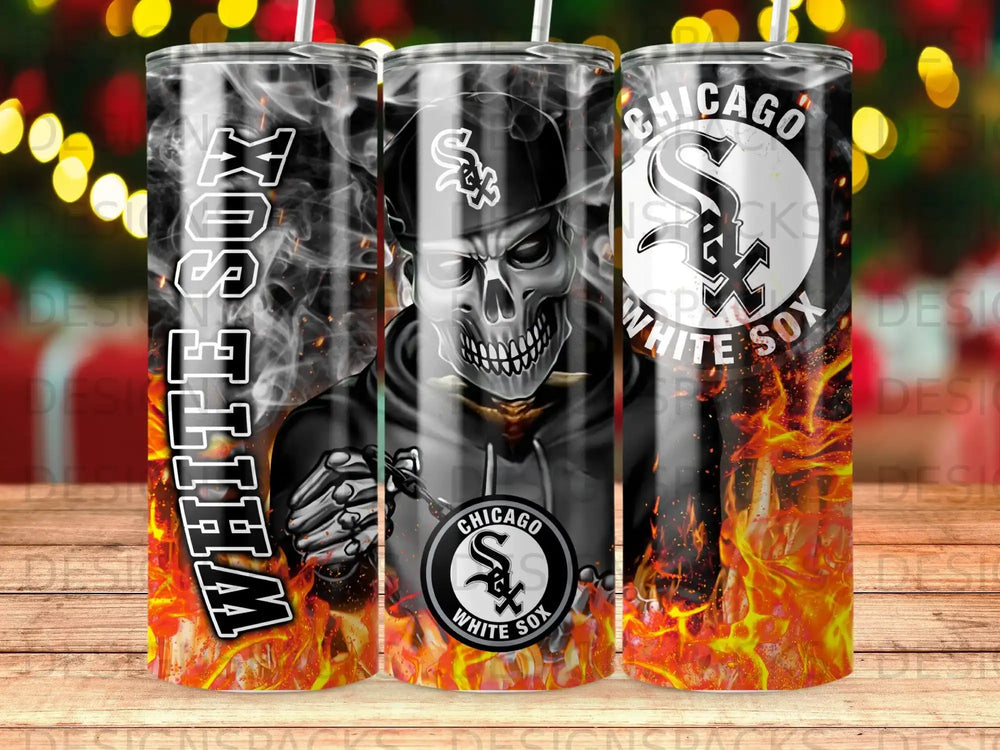 Chicago White Sox tumbler with skull graphic and fiery flames.