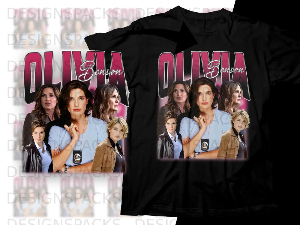 Olivia Benson graphic on a black t-shirt with multiple images of the character.
