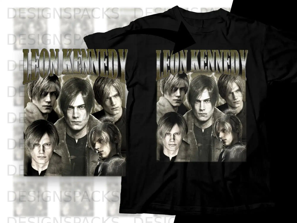 Leon Kennedy collage graphic on a black t-shirt.