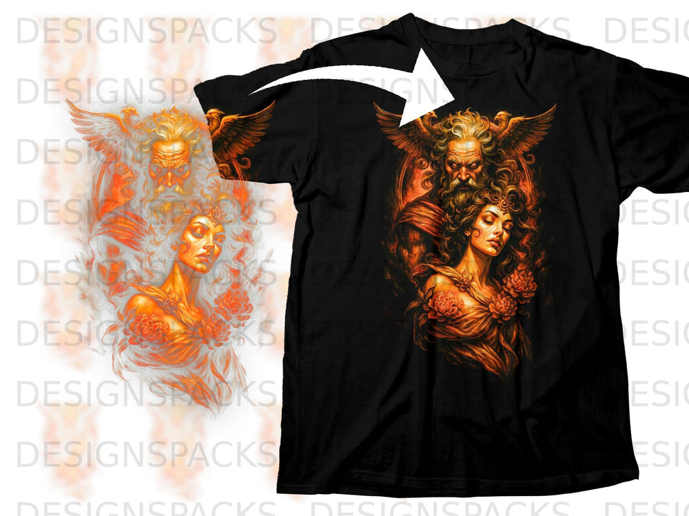 Black t-shirt with a design of a bearded man with wings and a woman surrounded by flowers.