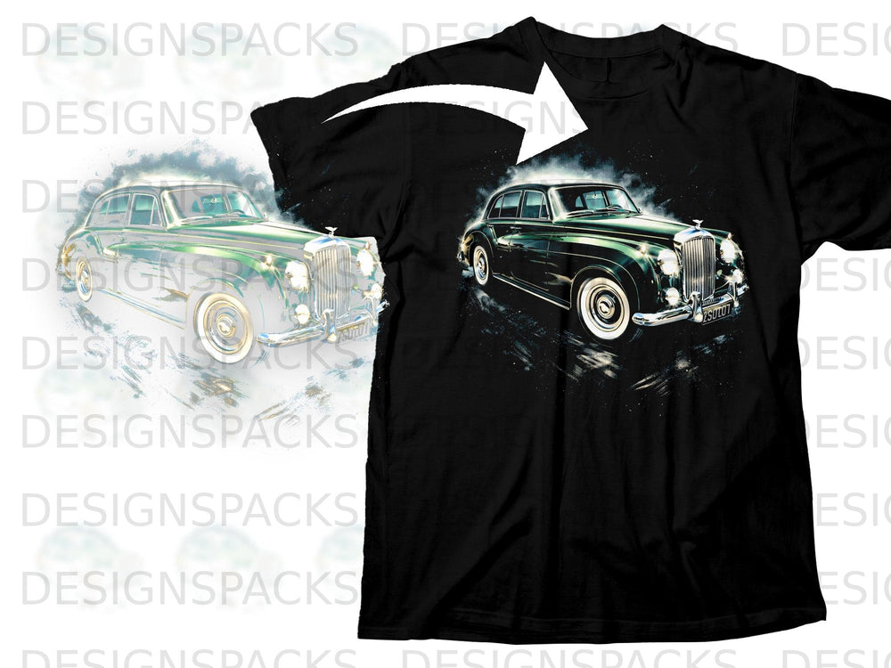 Black t-shirt with a vintage green car graphic and a white arrow.