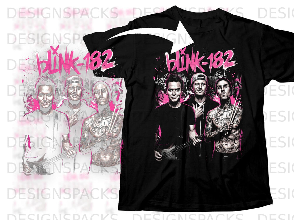 Black t-shirt with pink Blink-182 logo and band members graphic.