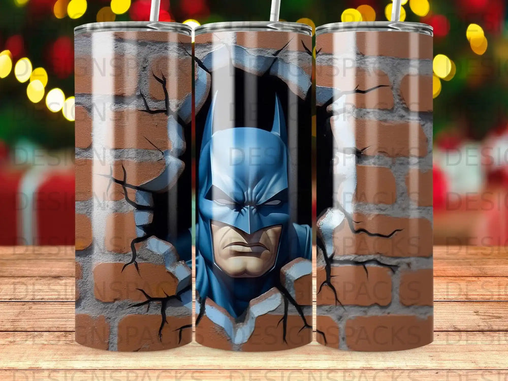 Batman emerging from a cracked brick wall, blue hues.
