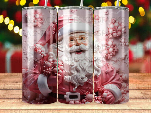 Santa Claus illustration with pink floral accents and bokeh background.
