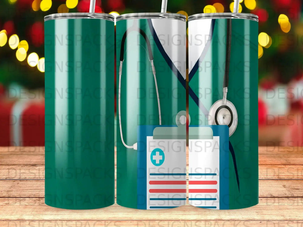 Medical stethoscope and clipboards on a tumbler with a bokeh background.