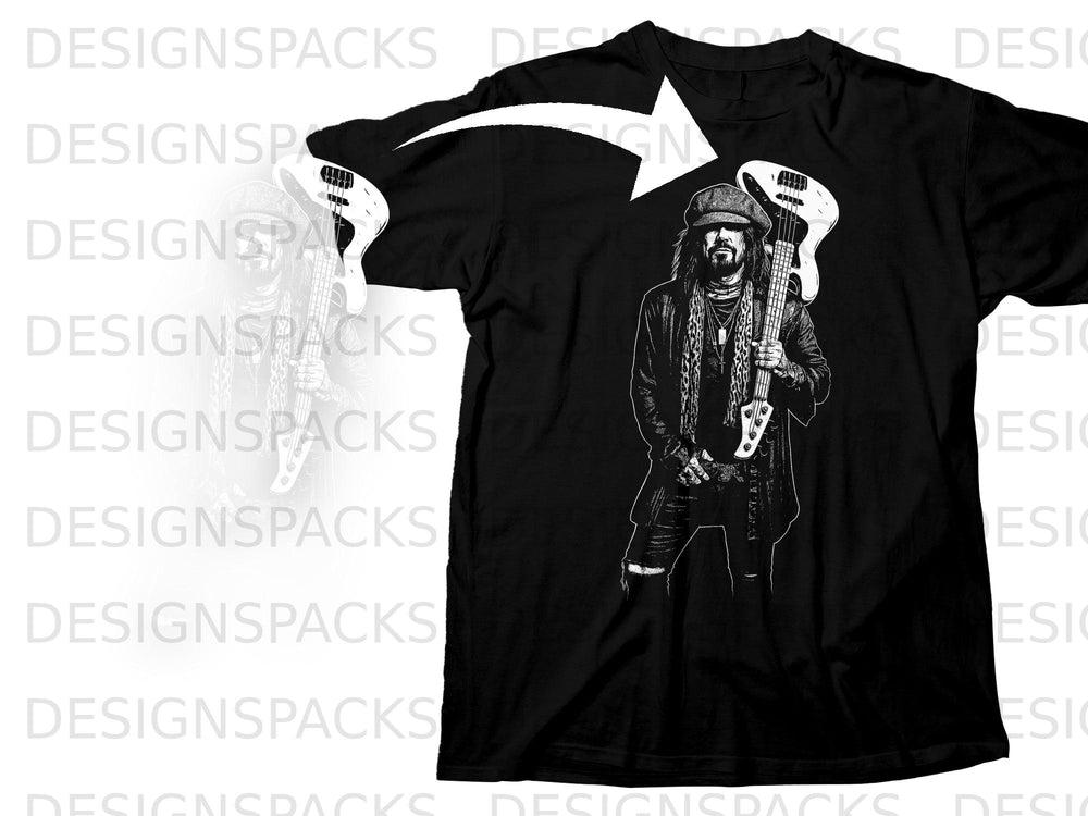 Black t-shirt with a sketch of a man holding a guitar, wearing a cap and scarf.